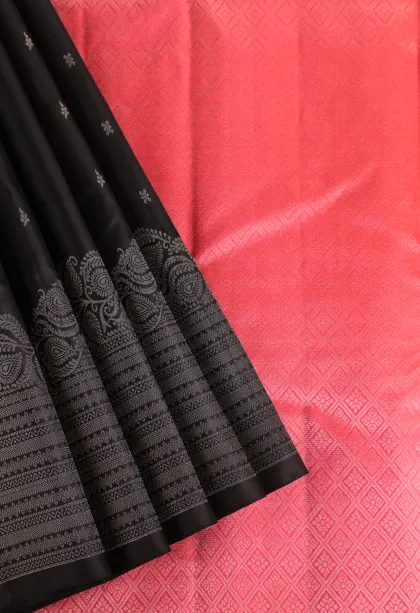 Asphalt Black Soft Silk Saree with Silver Zari Buttis (small Dots Or Motifs)