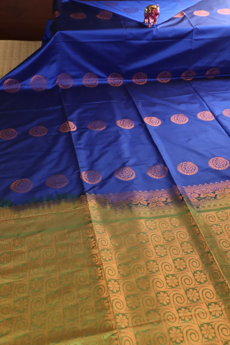Lapis Blue Soft Silk Saree with Copper Zari Mango Puttas view 2
