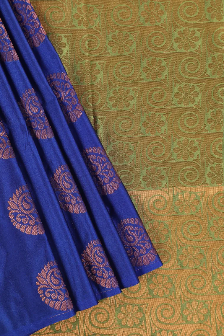Lapis Blue Soft Silk Saree with Copper Zari Mango Puttas