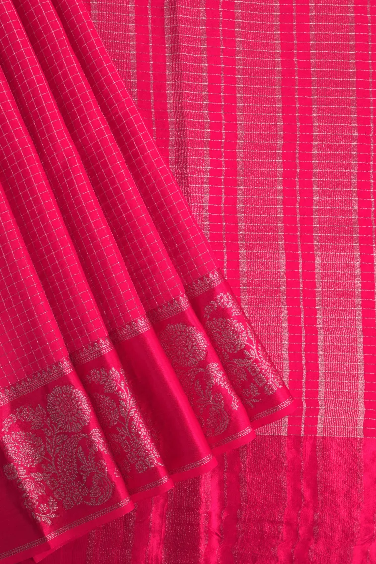 Rose Red Banaras Sarees with Gold Zari Small Checks Pattern view 1