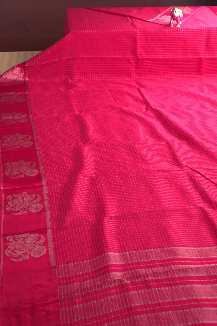 Rose Red Banaras Sarees with Gold Zari Small Checks Pattern view 2