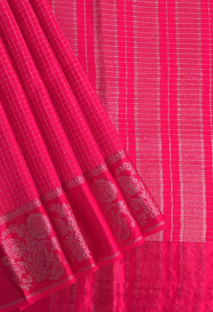 Rose Red Banaras Sarees with Gold Zari Small Checks Pattern