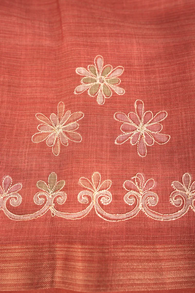 Peach Pink Tissue Silk Sarees with Gold Zari Rangoli Pattren view 3
