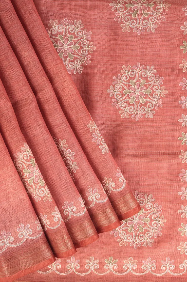 Peach Pink Tissue Silk Sarees with Gold Zari Rangoli Pattren view 1