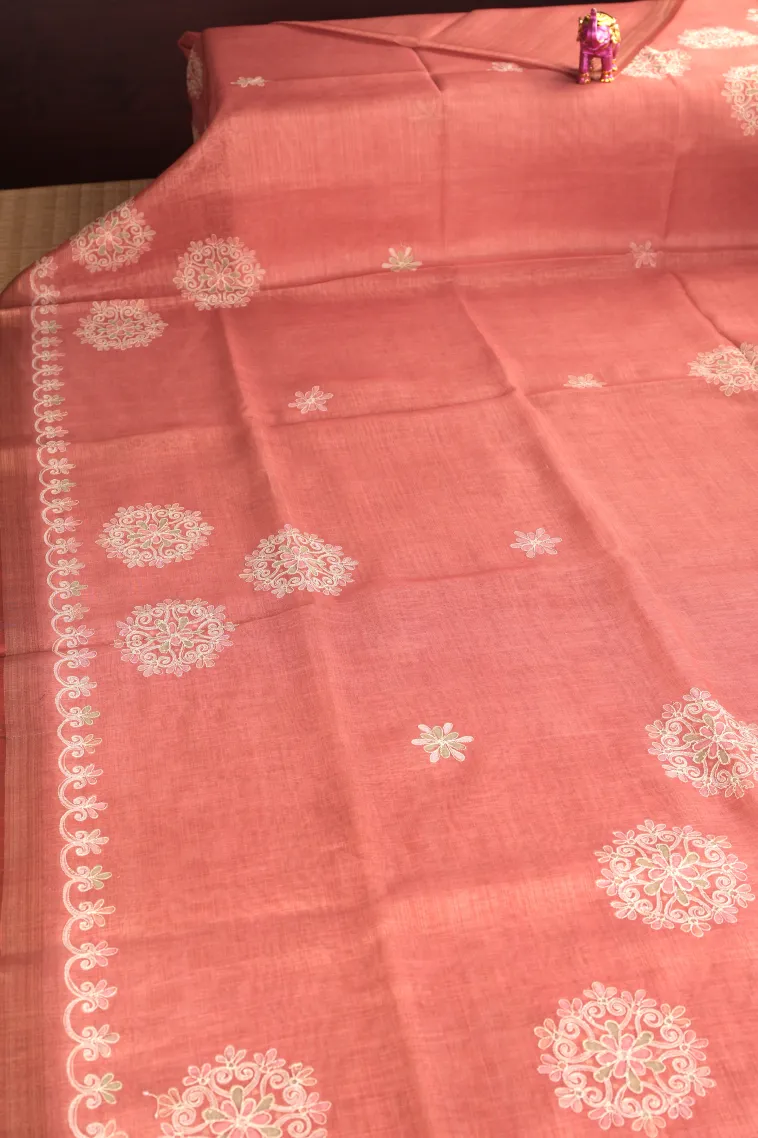 Peach Pink Tissue Silk Sarees with Gold Zari Rangoli Pattren view 2