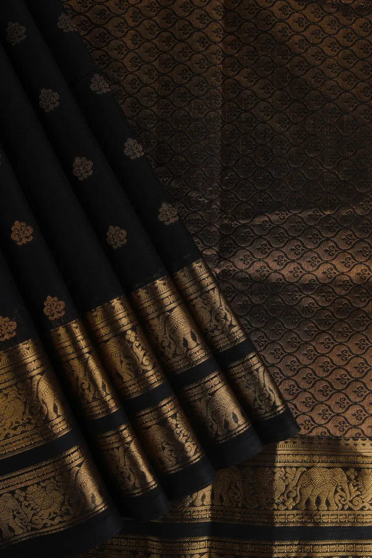 Asphalt Black Chettinad Cotton Sarees with Gold Zari Floral Patterns