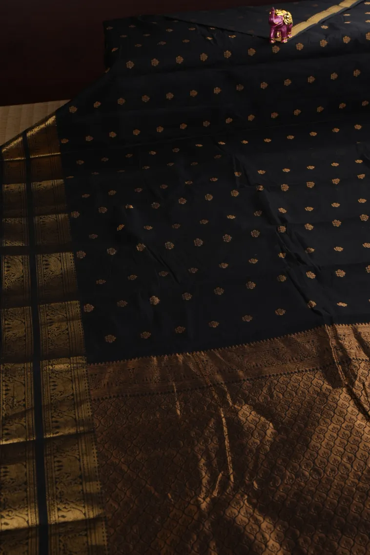 Asphalt Black Chettinad Cotton Sarees with Gold Zari Floral Patterns view 2