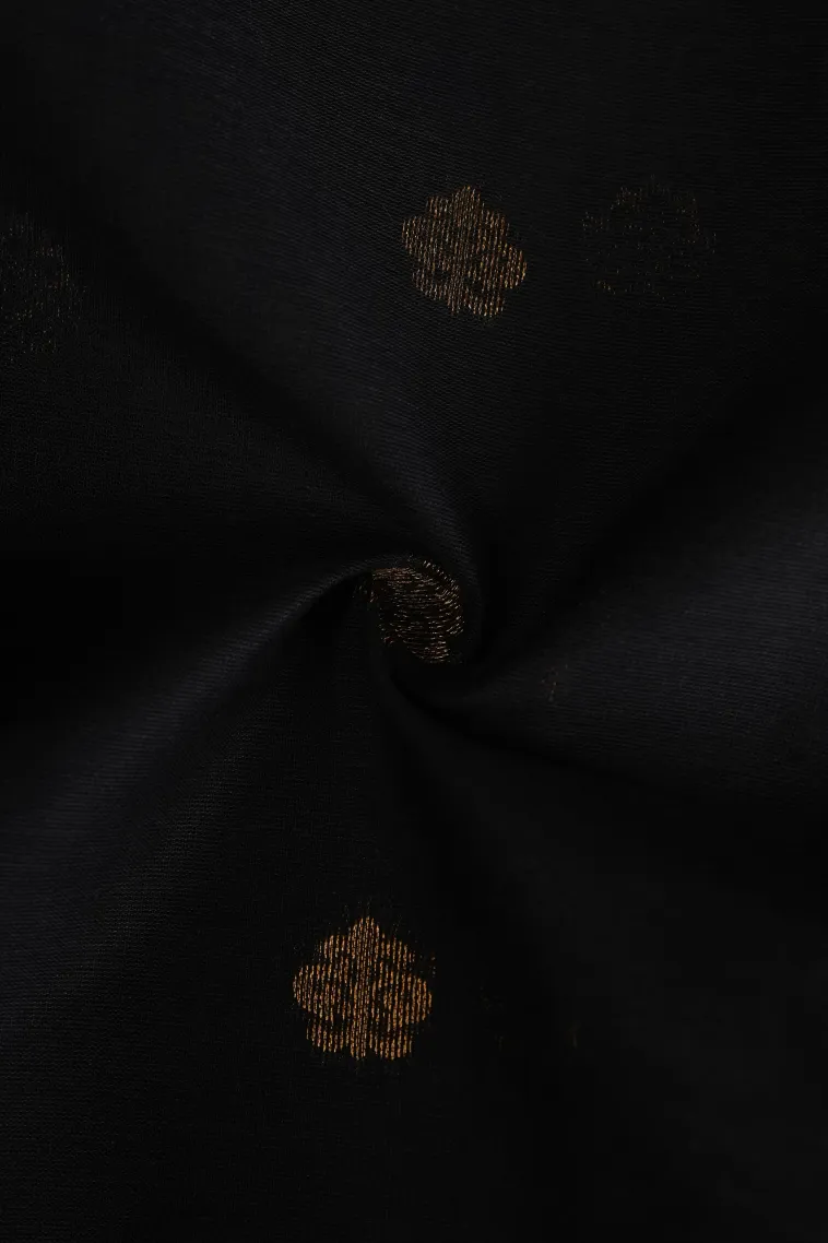 Asphalt Black Chettinad Cotton Sarees with Gold Zari Floral Patterns view 4