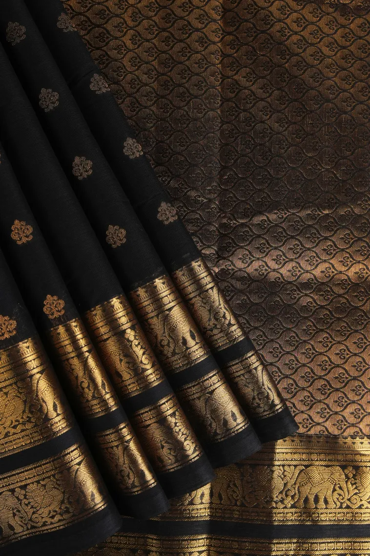 Asphalt Black Chettinad Cotton Sarees with Gold Zari Floral Patterns