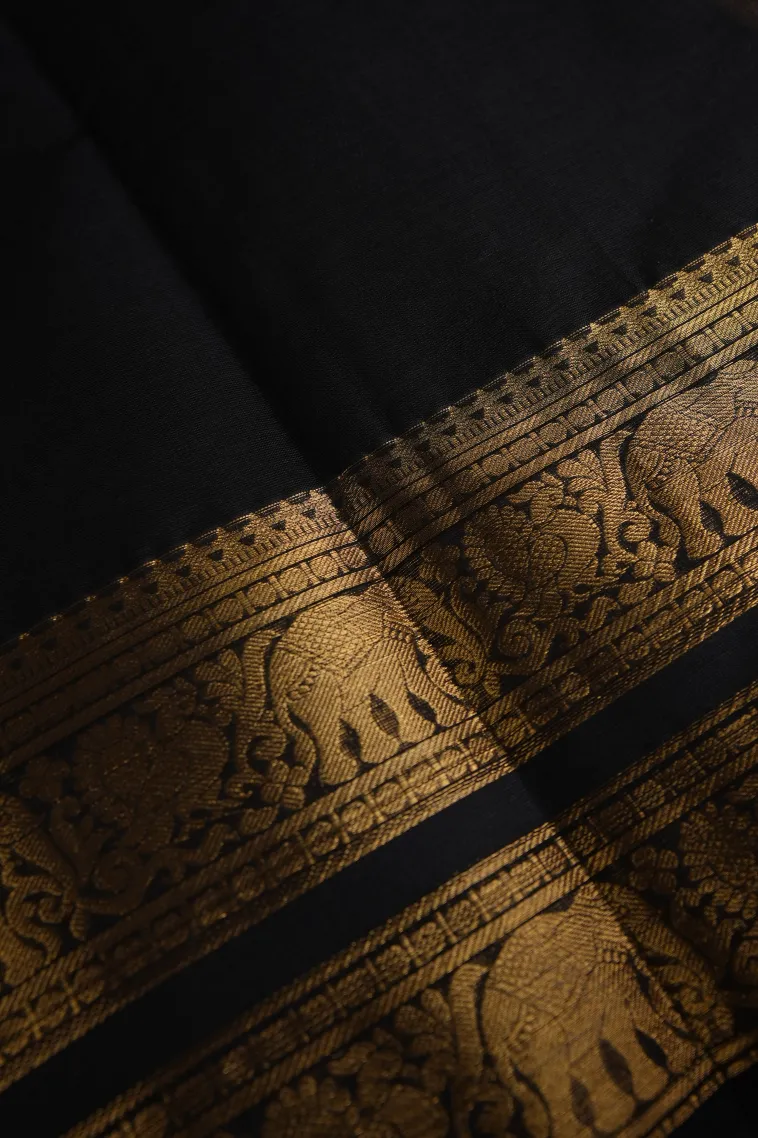 Asphalt Black Chettinad Cotton Sarees with Gold Zari Floral Patterns view 3
