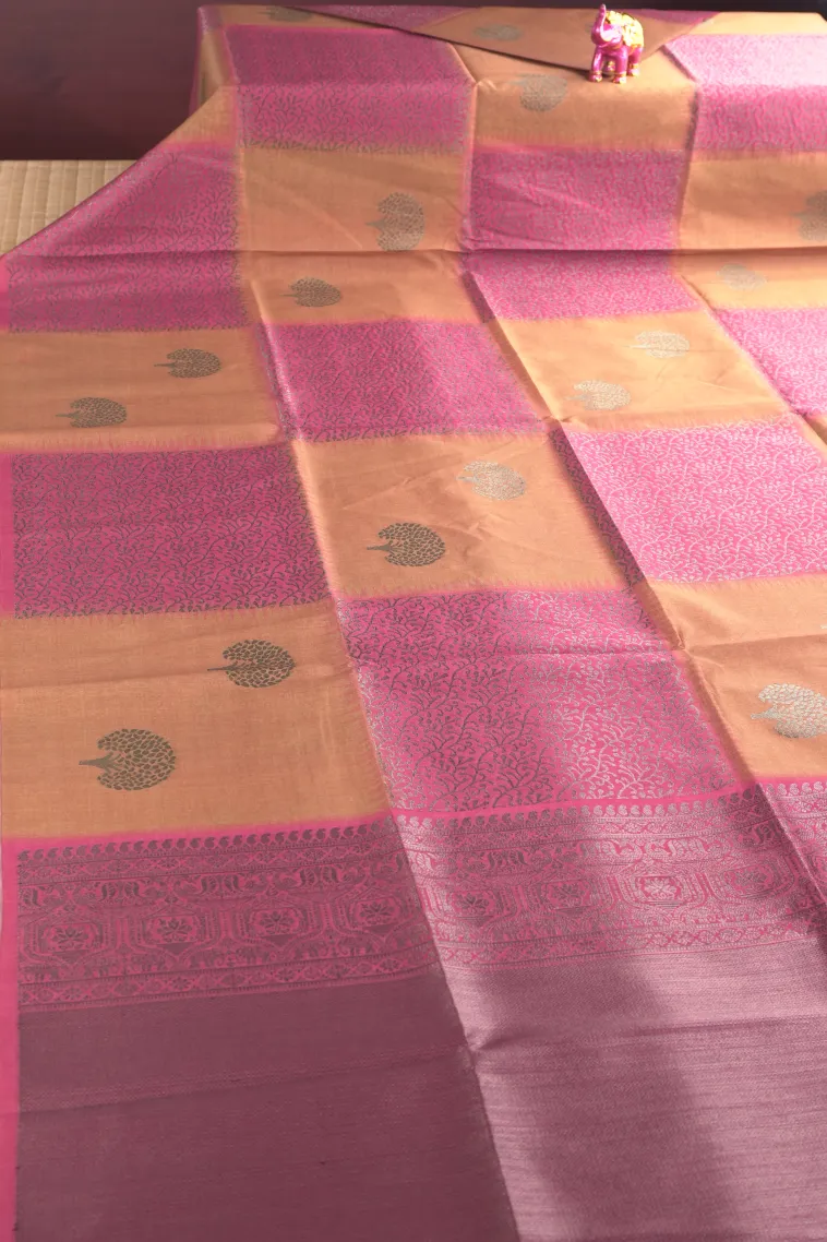 Shortbread Yellow Tussar Saree with Antic Zari Checks view 2