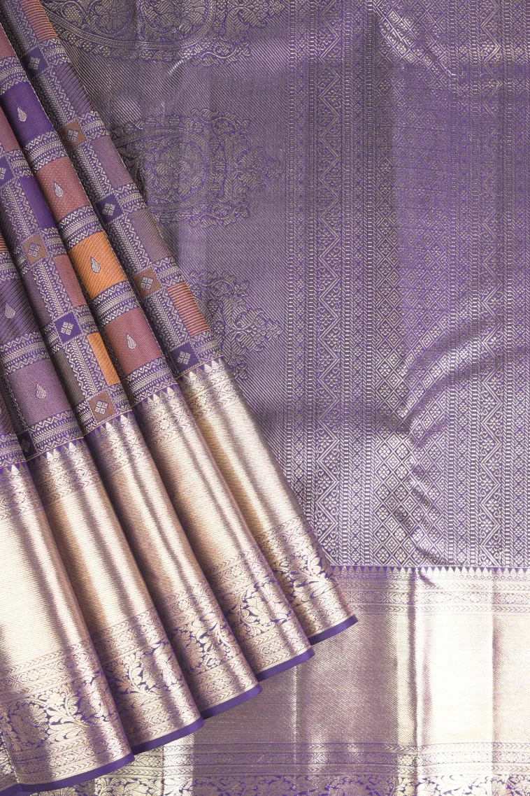 Viola Purple Kanchipuram Silk Sarees with Gold Zari Geometric Shapes view 1