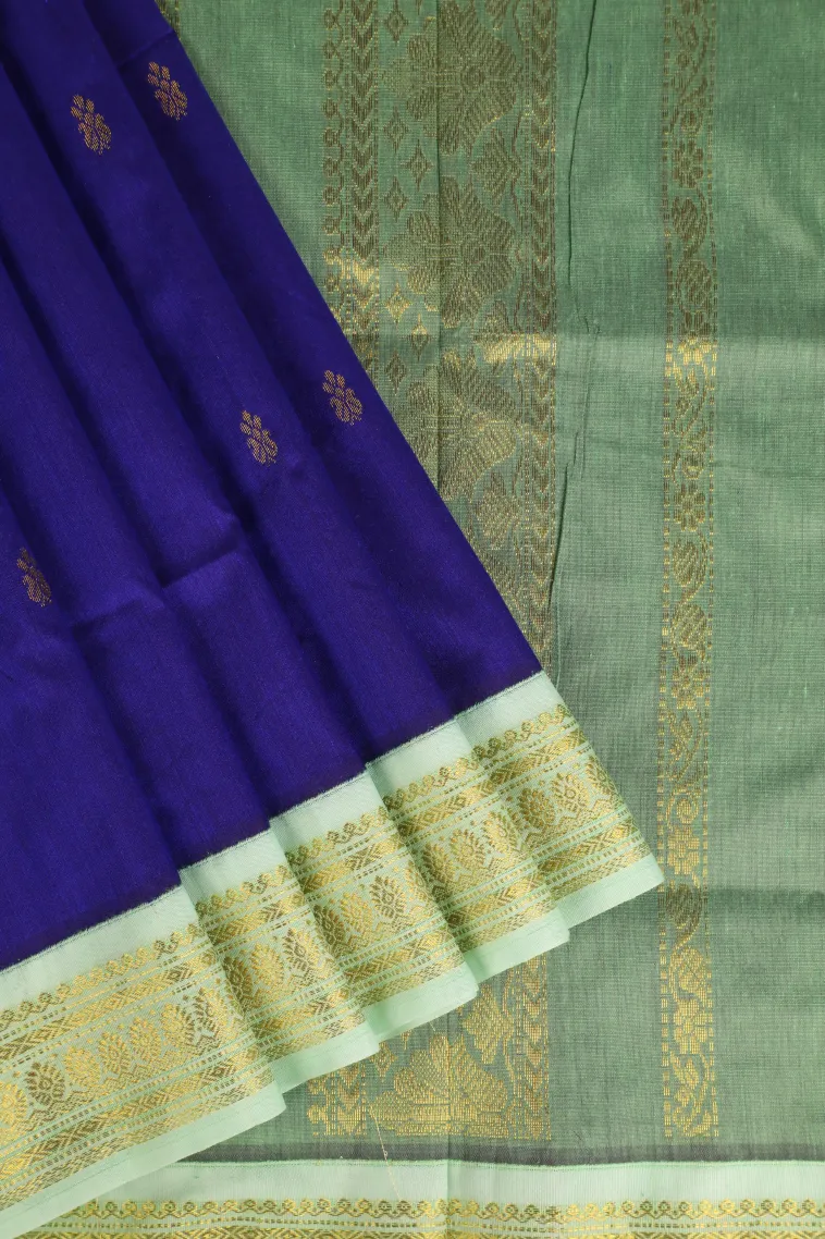 Admiral Blue Kalyani Cotton with Gold Zari Buttis (small Dots Or Motifs)
