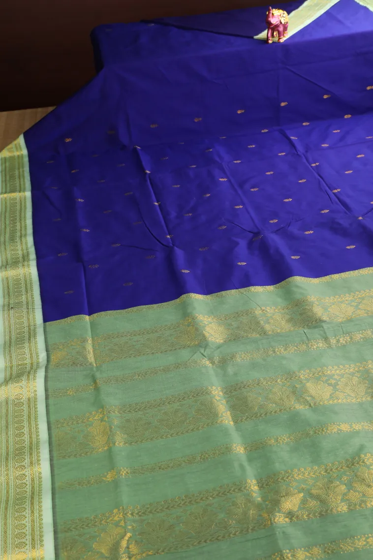Admiral Blue Kalyani Cotton with Gold Zari Buttis (small Dots Or Motifs) view 2
