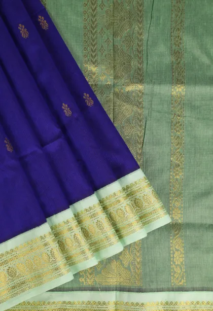 Admiral Blue Kalyani Cotton with Gold Zari Buttis (small Dots Or Motifs)