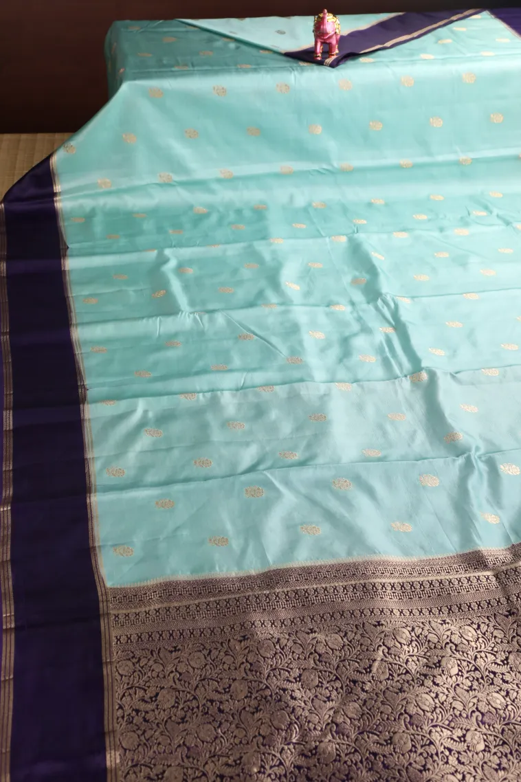 Sky Blue Mysore Silk with Gold Zari Flower Mottif view 2