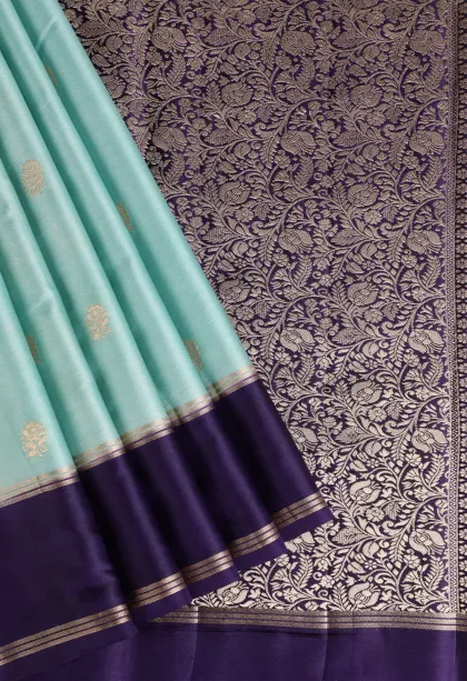 Sky Blue Mysore Silk with Gold Zari Flower Mottif