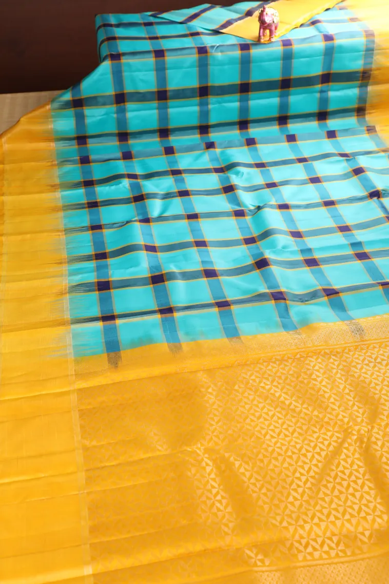 Arctic Blue Soft Silk Saree with Gold Zari Checks view 2