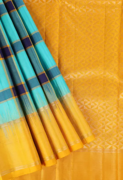 Arctic Blue Soft Silk Saree with Gold Zari Checks