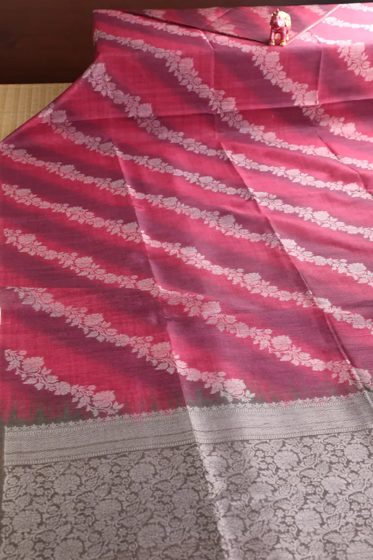 Punch Pink Tussar Saree with Bronze Zari Cross Stripes view 2