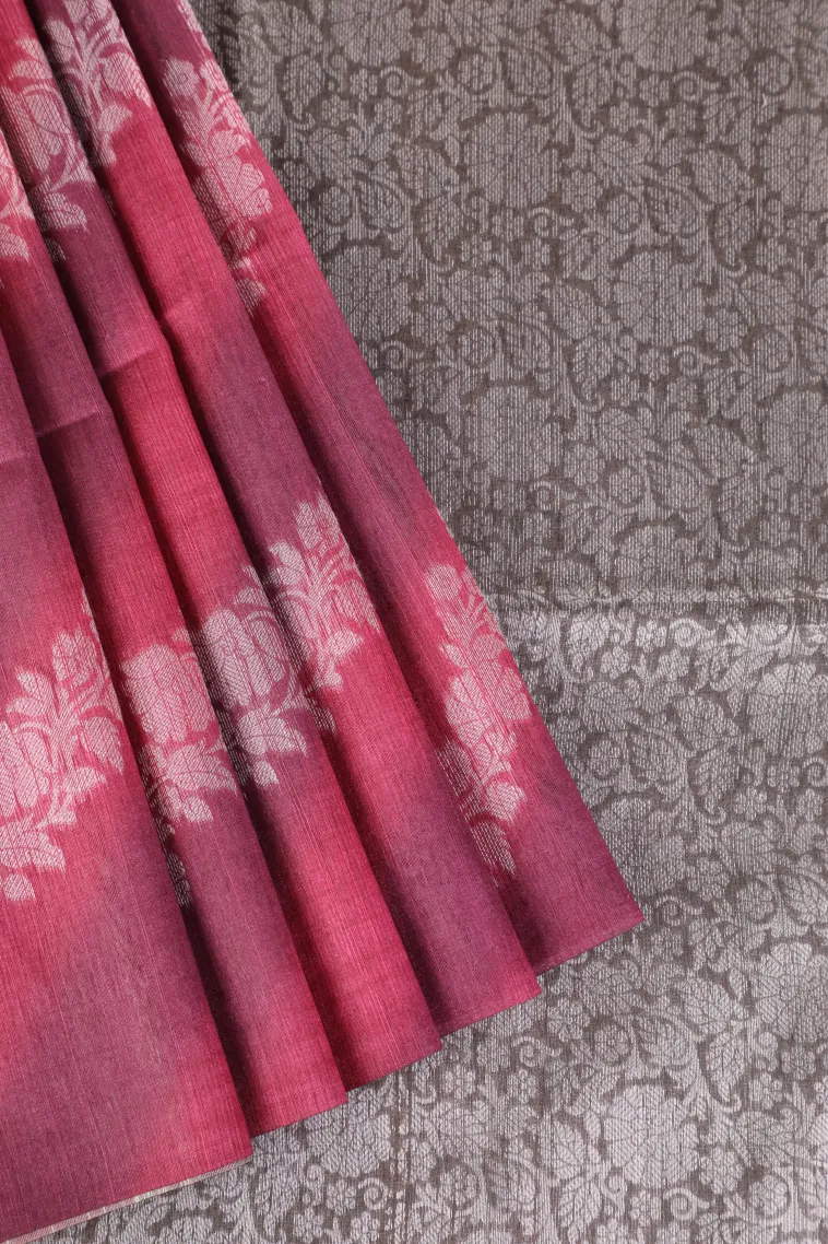 Punch Pink Tussar Saree with Bronze Zari Cross Stripes