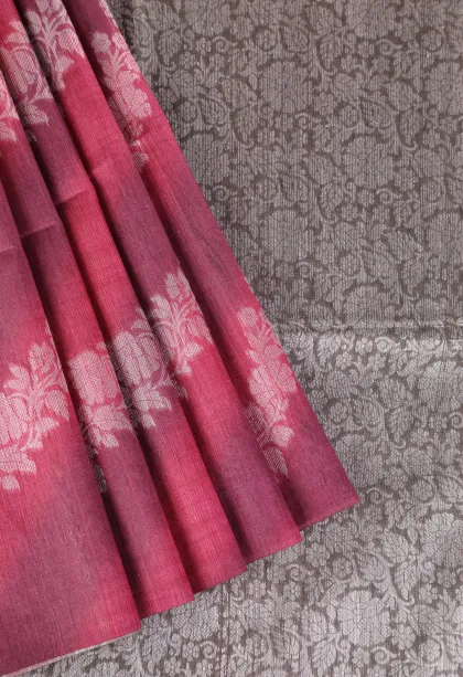 Punch Pink Tussar Saree with Bronze Zari Cross Stripes
