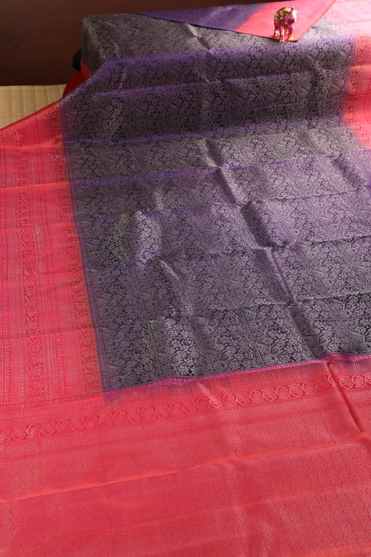 Viola Purple Soft Silk Saree with Silver Zari Checks And Puttas view 2