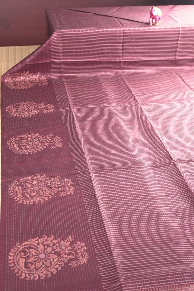Berry Red Tussar Saree with Antic Zari Small Checks Pattern view 2