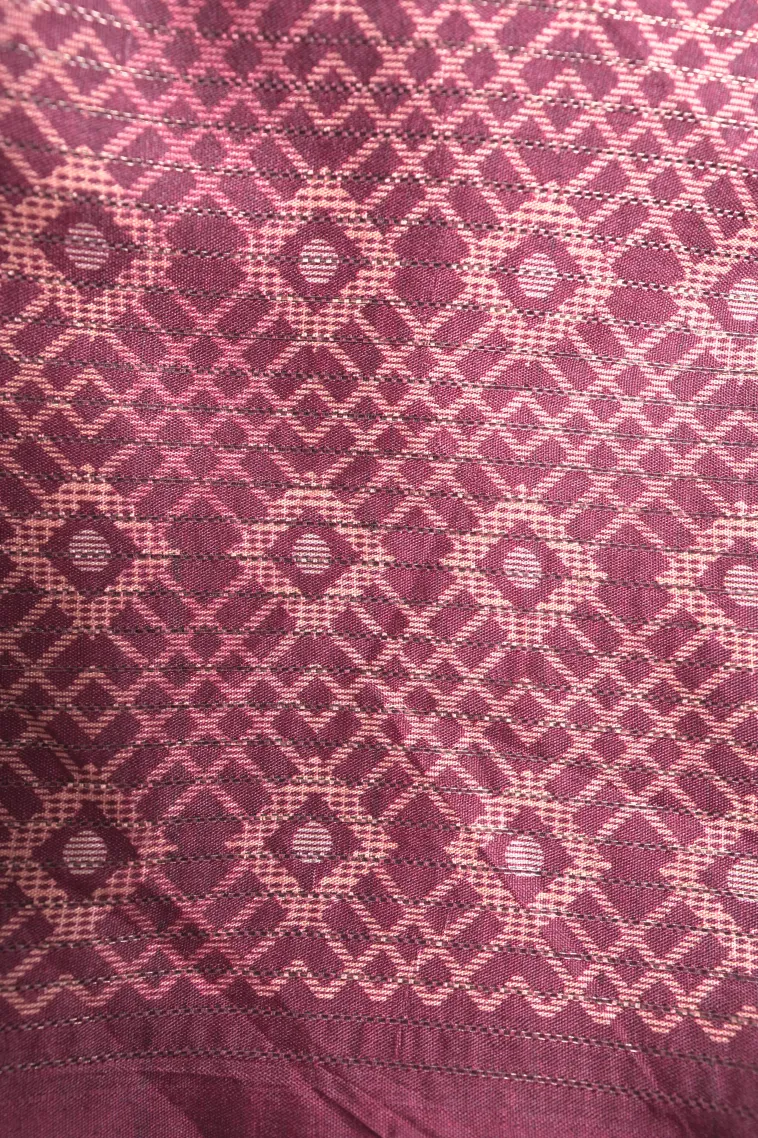 Berry Red Tussar Saree with Antic Zari Small Checks Pattern view 3