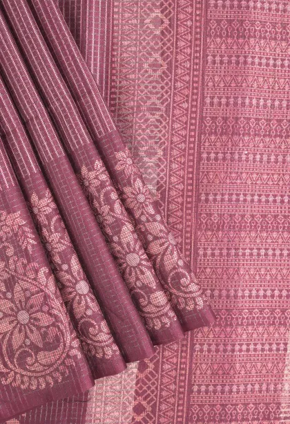 Berry Red Tussar Saree with Antic Zari Small Checks Pattern