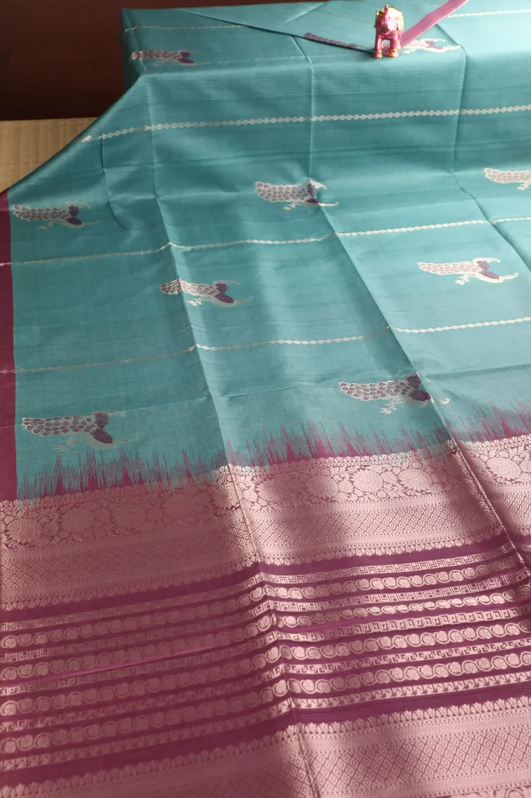 Sapphire Blue Semi Tussar Silk with Bronze Zari Peacock Motifs view 2