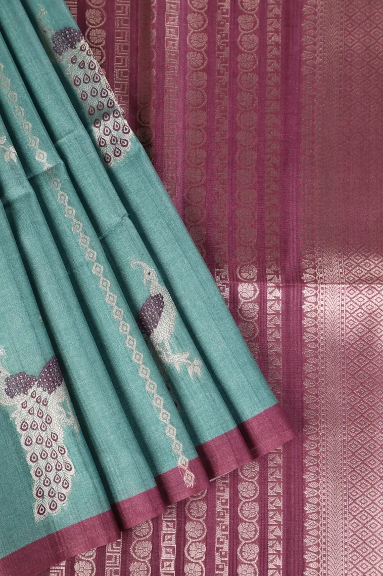Sapphire Blue Semi Tussar Silk with Bronze Zari Peacock Motifs