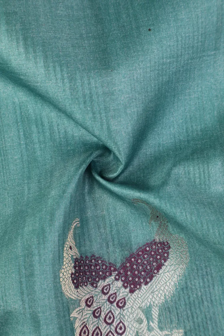 Sapphire Blue Semi Tussar Silk with Bronze Zari Peacock Motifs view 4
