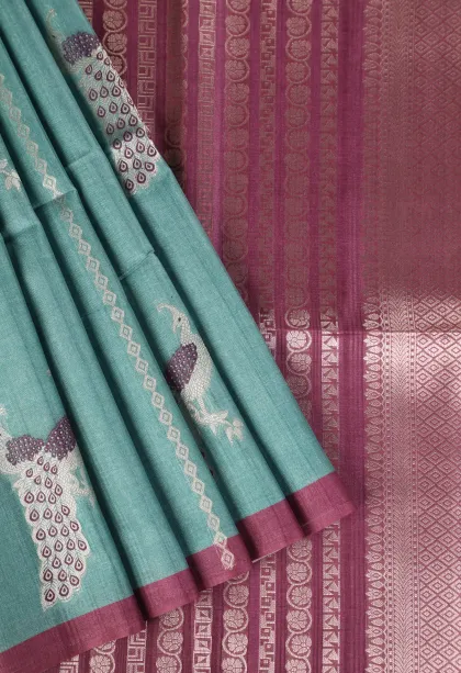 Sapphire Blue Semi Tussar Silk with Bronze Zari Peacock Motifs