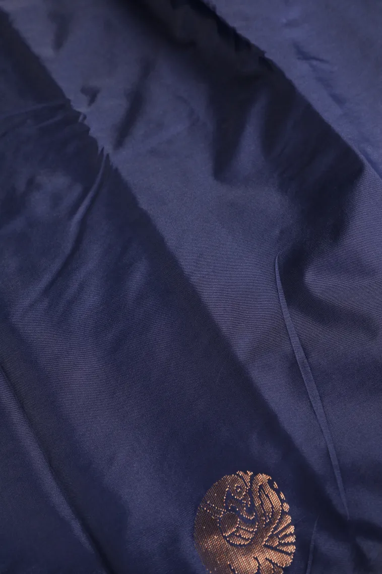 Indigo Blue Arani Silk Sarees with Gold Zari Peacock Motifs view 3