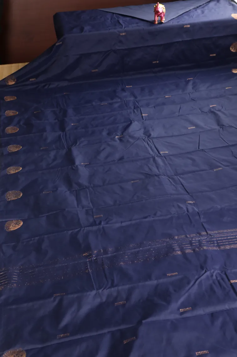 Indigo Blue Arani Silk Sarees with Gold Zari Peacock Motifs view 2