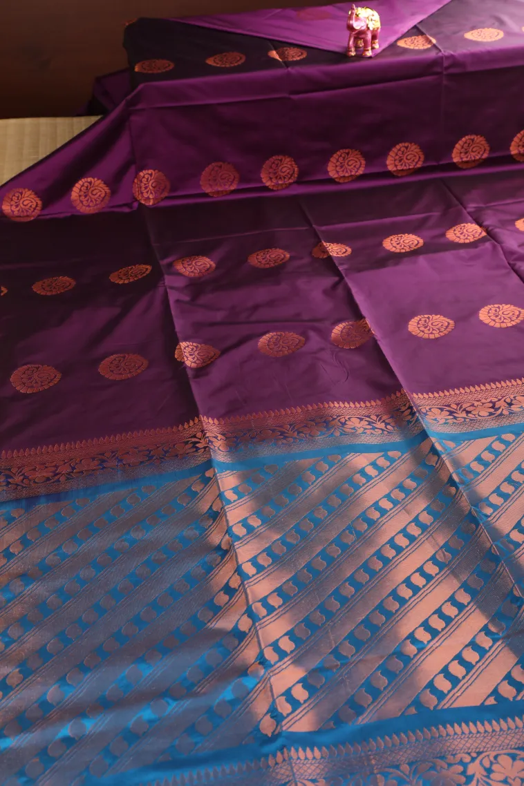 Magenta Purple Soft Silk Saree with Copper Zari Mango Puttas view 2