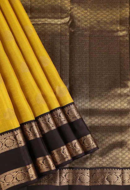 Lemon Yellow Soft Silk Saree with Gold Zari Checks And Puttas