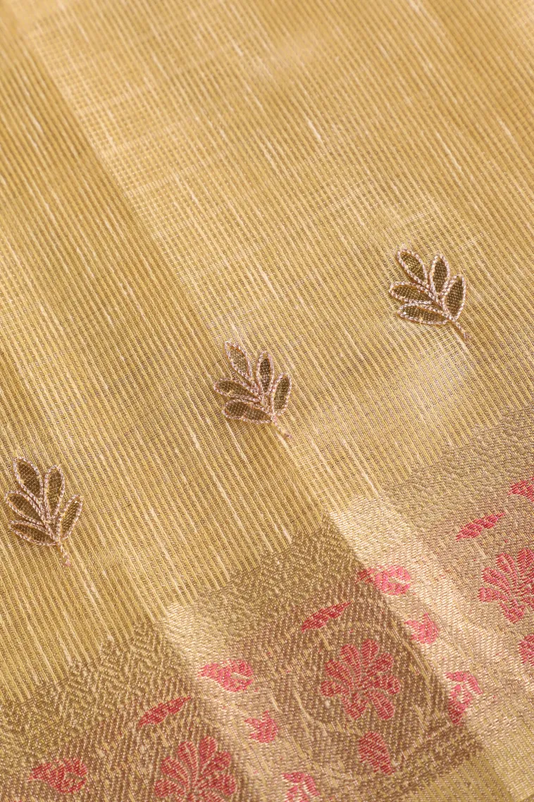 Lemon Yellow Tissue Silk Sarees with Gold Zari Leaf Puttas view 3