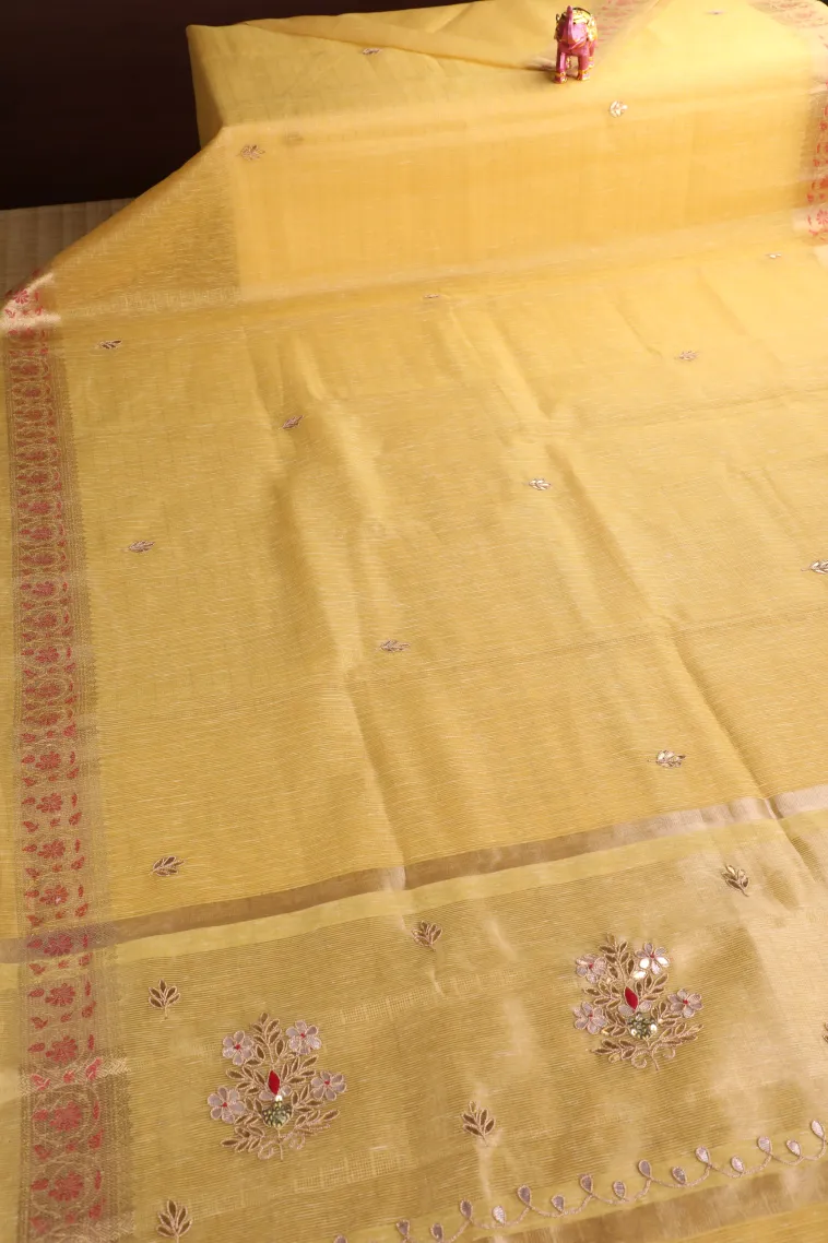 Lemon Yellow Tissue Silk Sarees with Gold Zari Leaf Puttas view 2