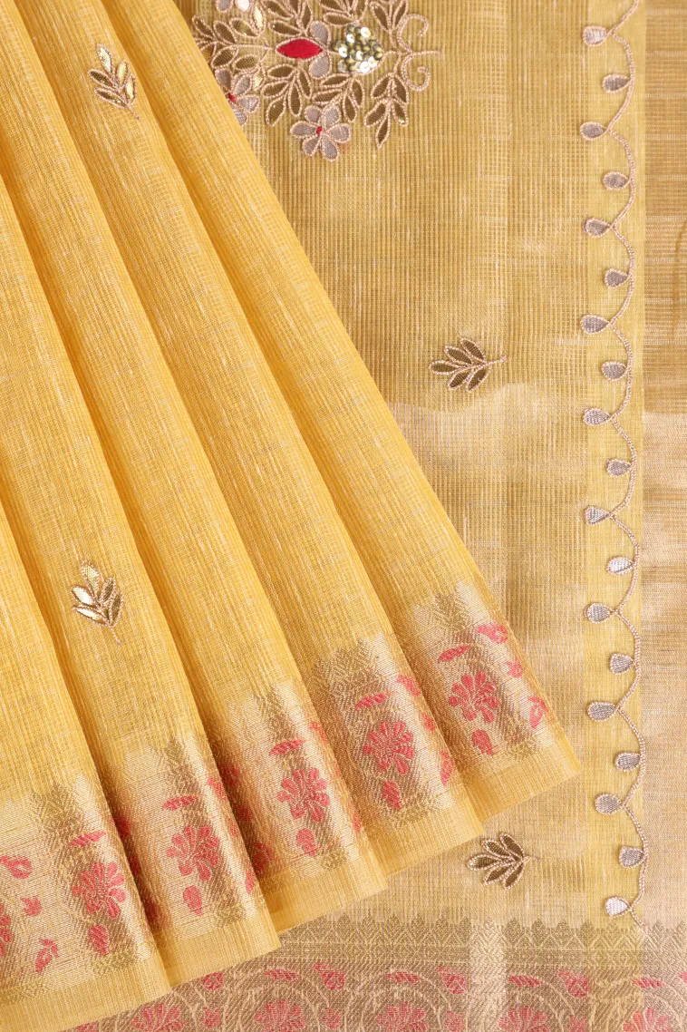 Lemon Yellow Tissue Silk Sarees with Gold Zari Leaf Puttas