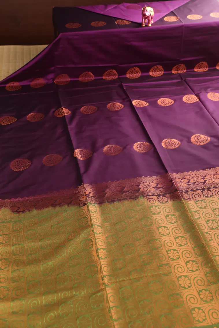 Mulberry Purple Soft Silk Saree with Copper Zari Mango Puttas view 2