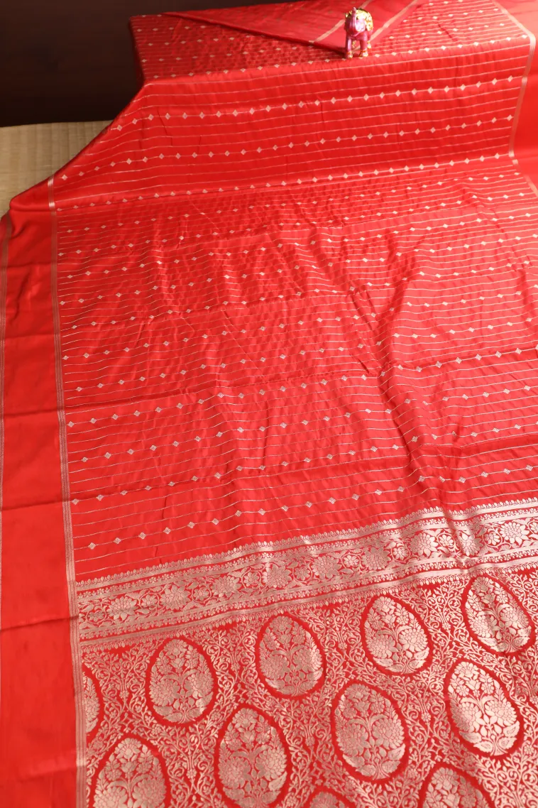 Fire Orange Mysore Silk with Bronze Zari Stripes And Puttas view 2