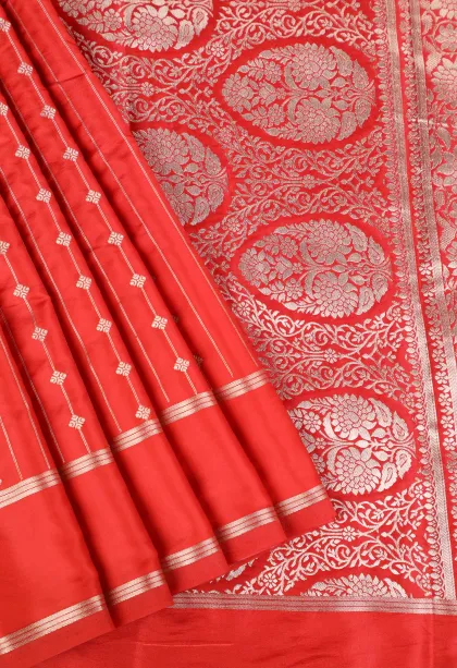 Fire Orange Mysore Silk with Bronze Zari Stripes And Puttas