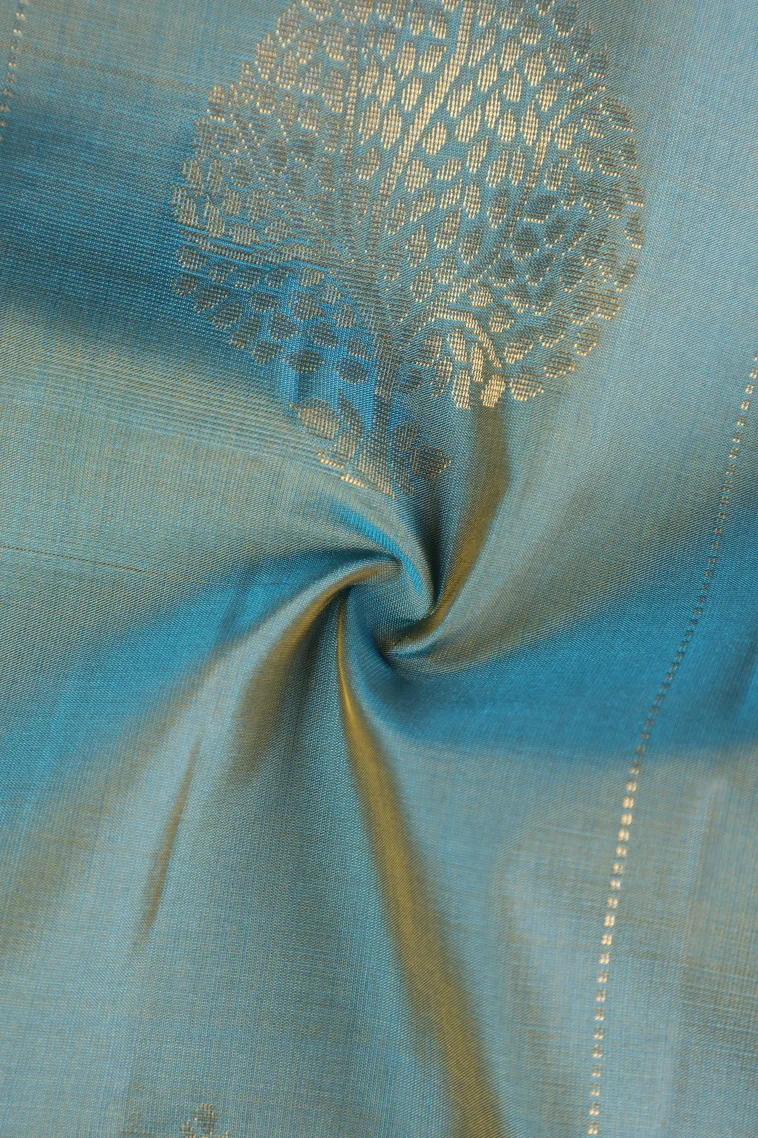Stone Blue Soft Silk Saree with Gold Zari Stripes And Puttas view 4