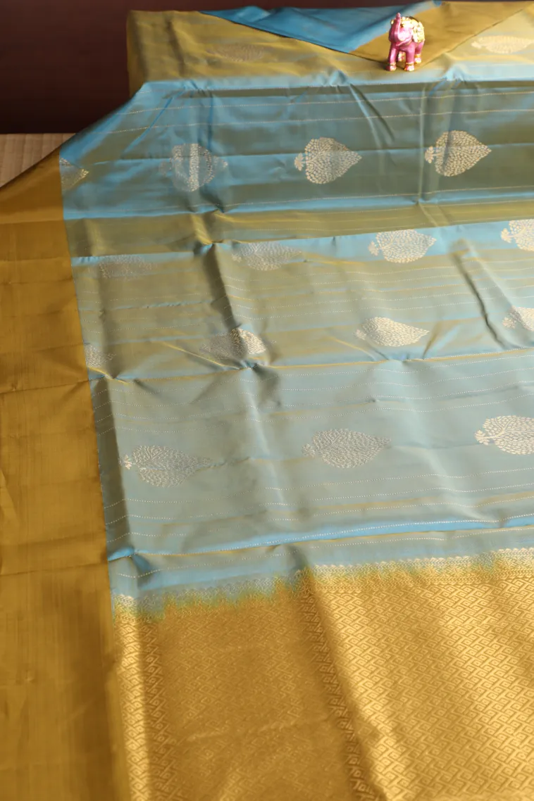 Stone Blue Soft Silk Saree with Gold Zari Stripes And Puttas view 2