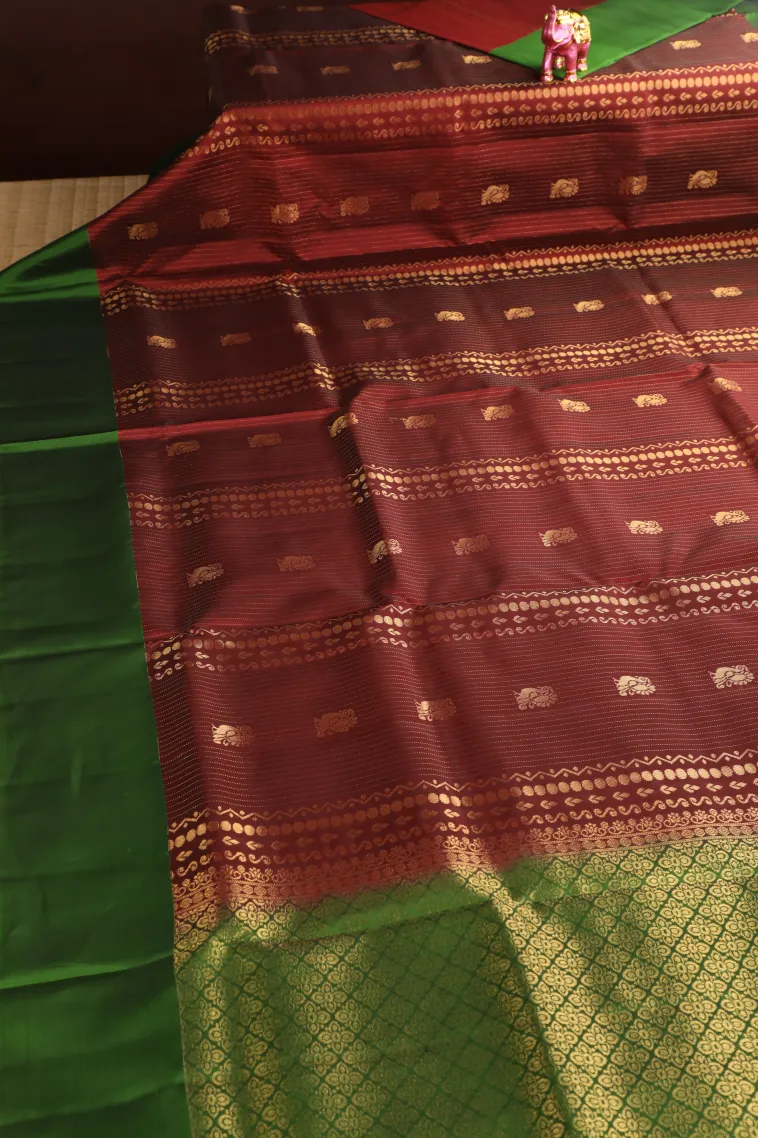 Apple Red Soft Silk Saree with Gold Zari Stripes And Puttas view 2