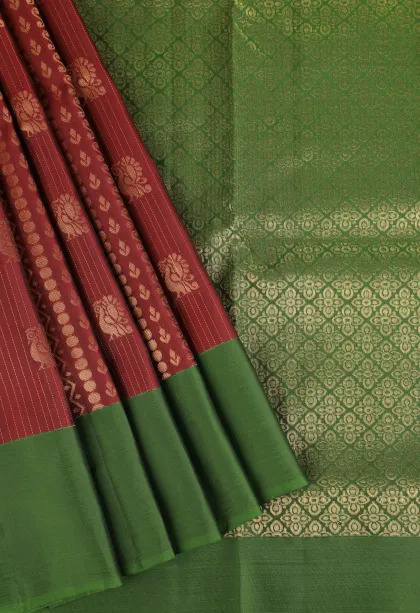 Apple Red Soft Silk Saree with Gold Zari Stripes And Puttas