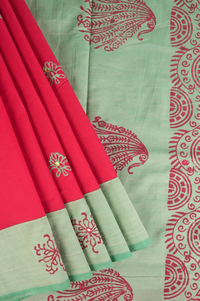Punch Pink Poly Cotton Sarees Without Zari With Mirror Jamiki Puttas