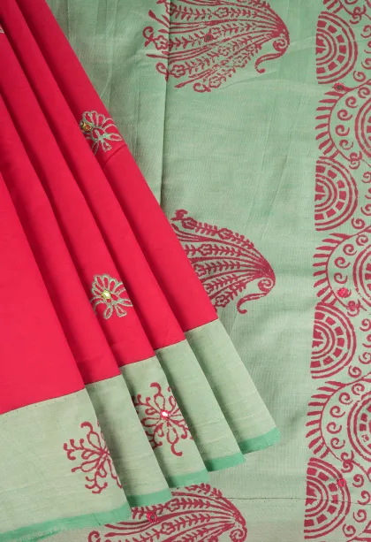 Punch Pink Poly Cotton Sarees Without Zari With Mirror Jamiki Puttas